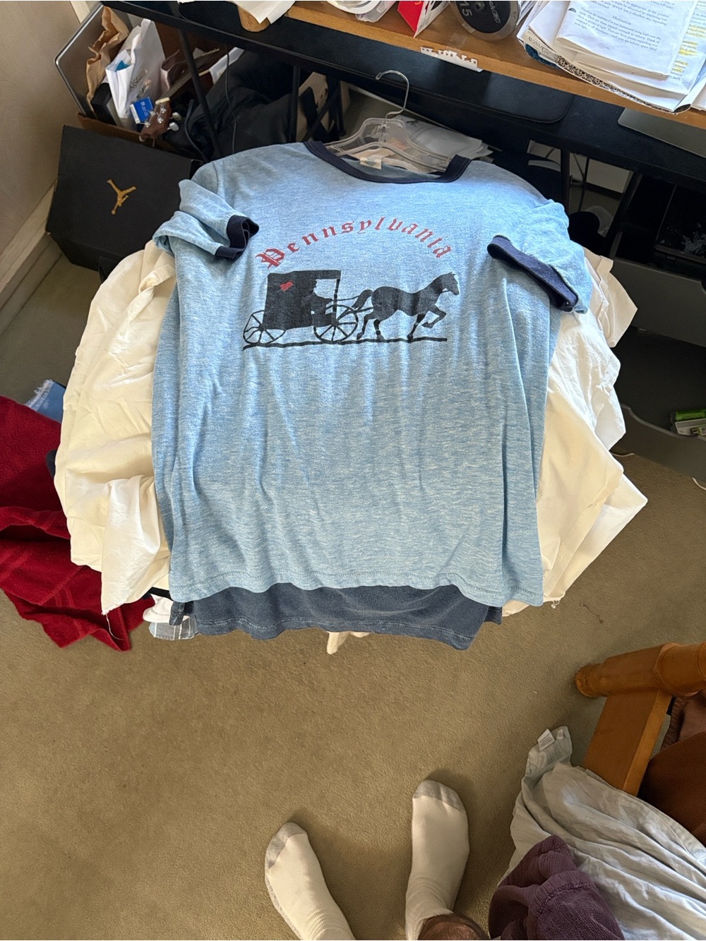 Blue T-Shirt. By Sportswear ‘Pennsylvania’ Amish print. Size large. Made in USA.